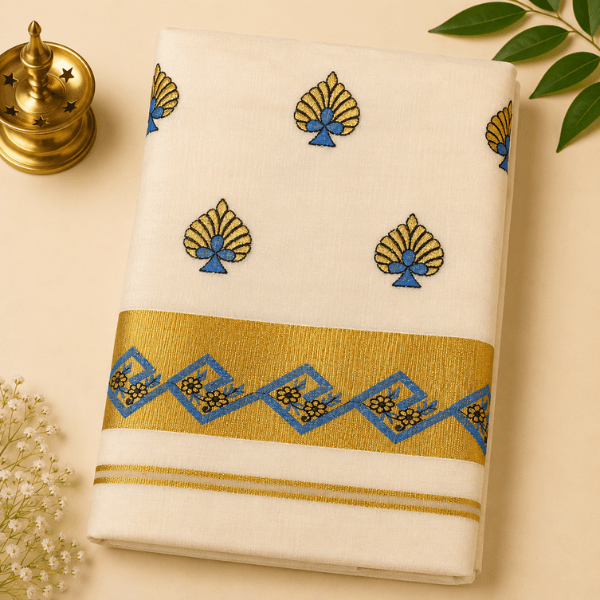 Traditional Kerala Kasavu Saree with Blue Floral Embroidered Border