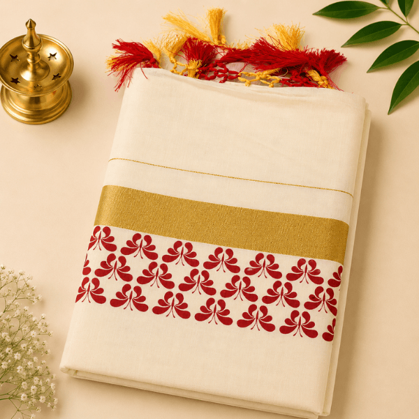 Traditional Kerala Kasavu Saree with Red Floral Print Border & Tassels