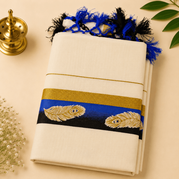 Kerala Kasavu Saree with Peacock Feather Border & Blue Tassels