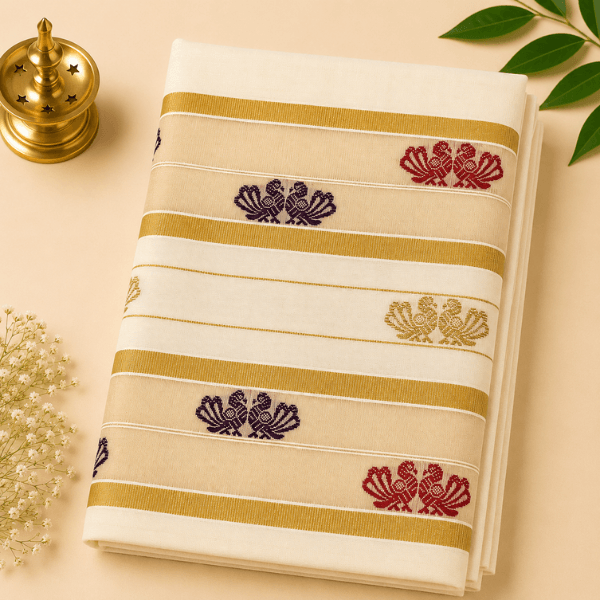 Traditional Kerala Kasavu Saree with Multicolor Peacock Motif Border