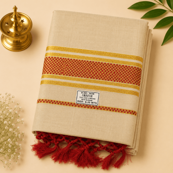 Kerala Kasavu Saree with Red Checkered Border & Tassels
