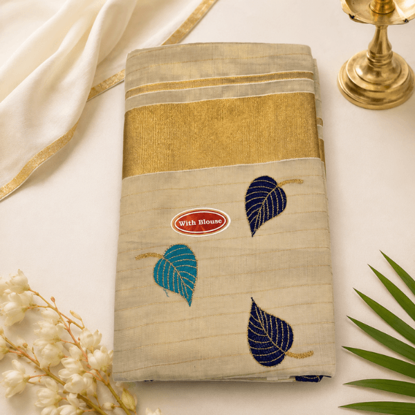 Kerala Kasavu Saree with Embroidered Leaf Motifs & Blouse Piece