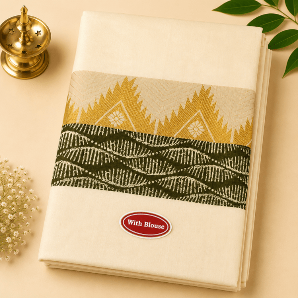 Premium Kerala Kasavu Saree with Gold Temple Border & Olive Green Designer Print